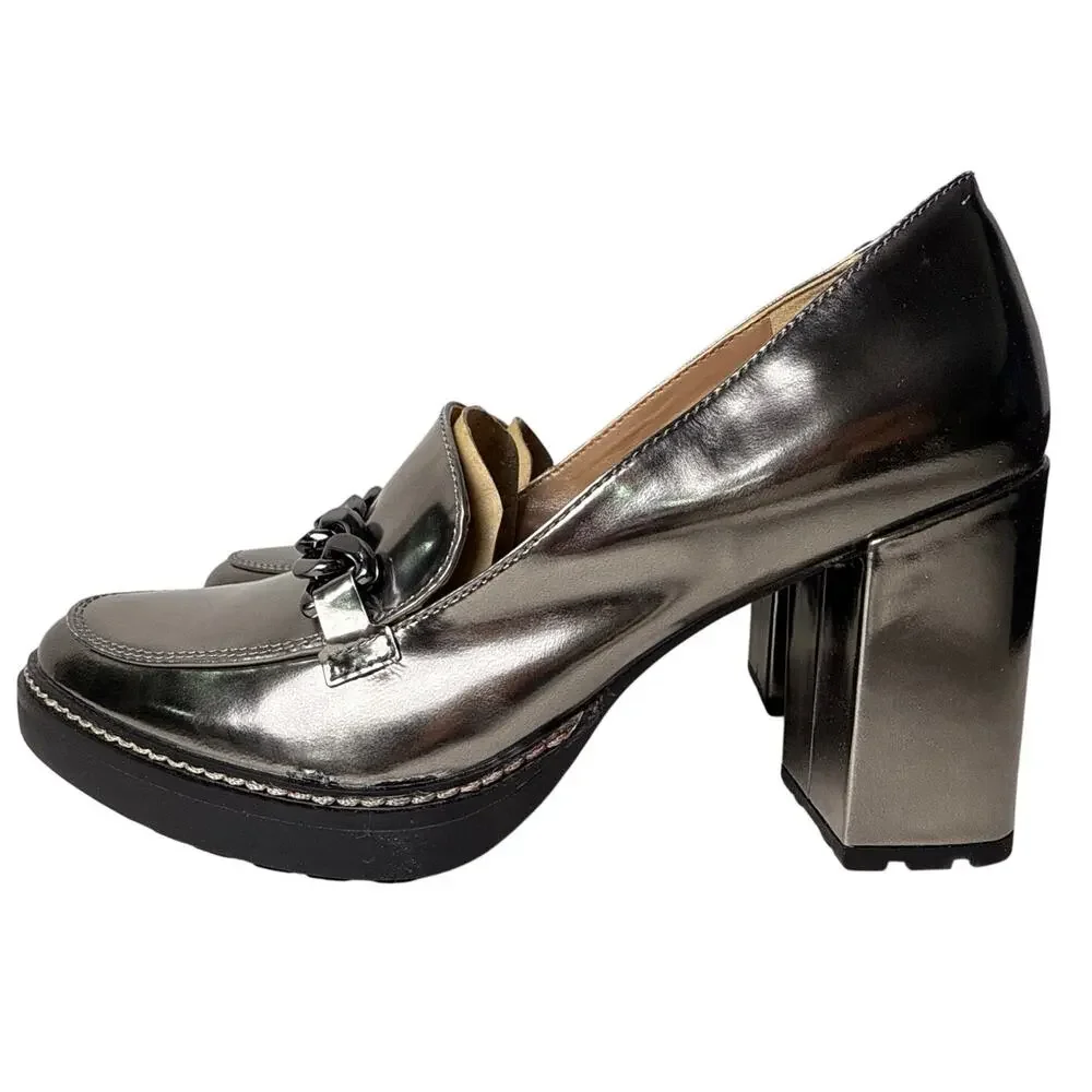 Naturalizer Loafer Callie-Moc Pumps Womens 9M Pewter Metallic Block Heel Chain